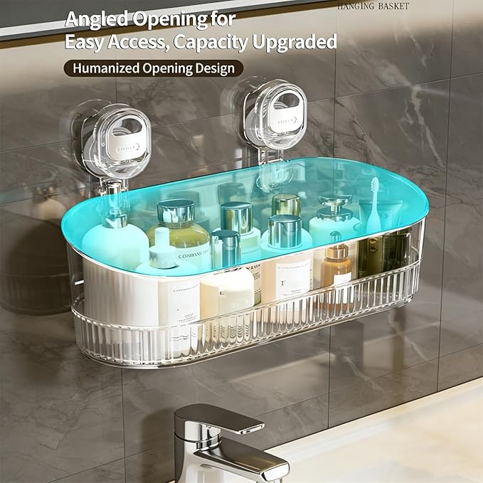 No-Drill Bathroom Suction Storage Box – Large Capacity & Strong Load-Bearing, No Drill Bathroom Shelves Drain Rack Organizer, Hanging Shower Caddy Suction Cups Heavy Duty (Gold)