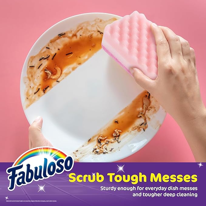 Fabuloso Scratch-Free Kitchen Dish Sponges, Rainbow Cellulose Scrubber Sponge with Scouring Pad for Dishes, Pots, Pans, Counters and Sinks, Tough on Messes, 4.25 x 2.75 x 1.25 in, 4 Count - 2 Pack