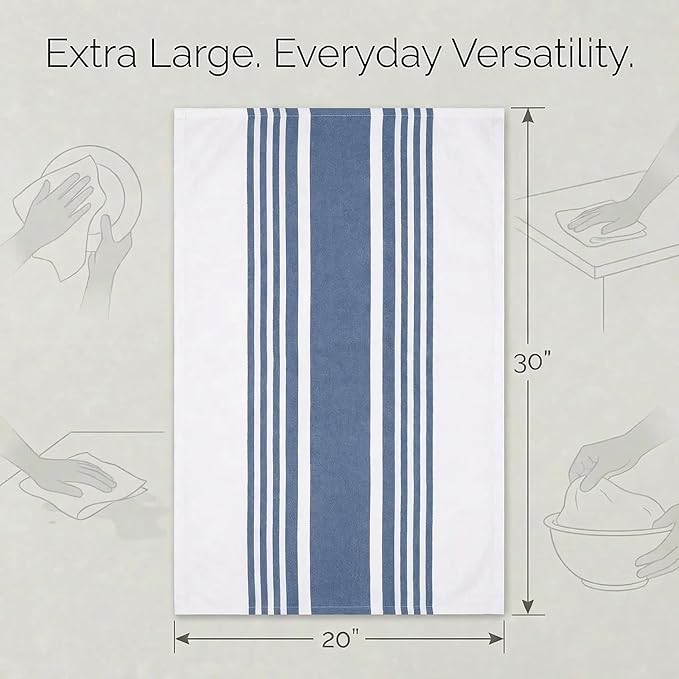 Urban Villa Kitchen Towels 100% Cotton Dish Towels for Kitchen (Set of 6) 20”x30” Dish Cloths Highly Absorbent Kitchen Linen Set with Hanging Loop Perfect for Drying Dishes Cleaning Towels-Blue White