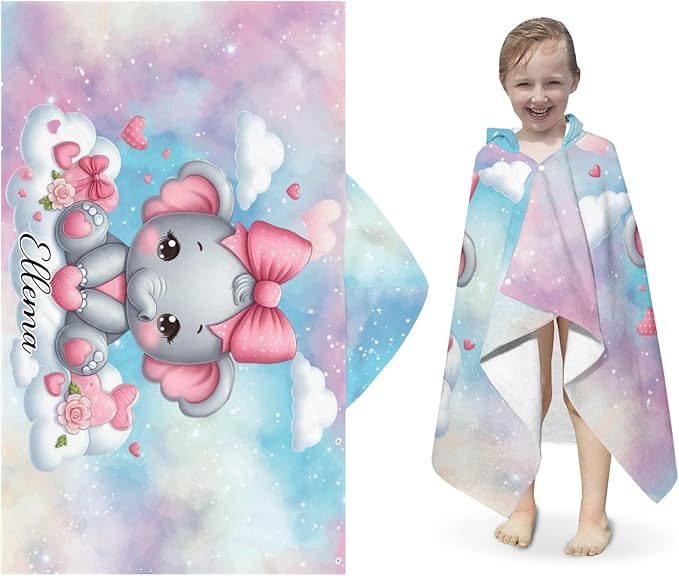 Galaxy Pink Elephant Personalized Kids Hooded Towel with Name Soft Absorbent Beach Pool Bath Towels Hood Poncho for Boys Girls