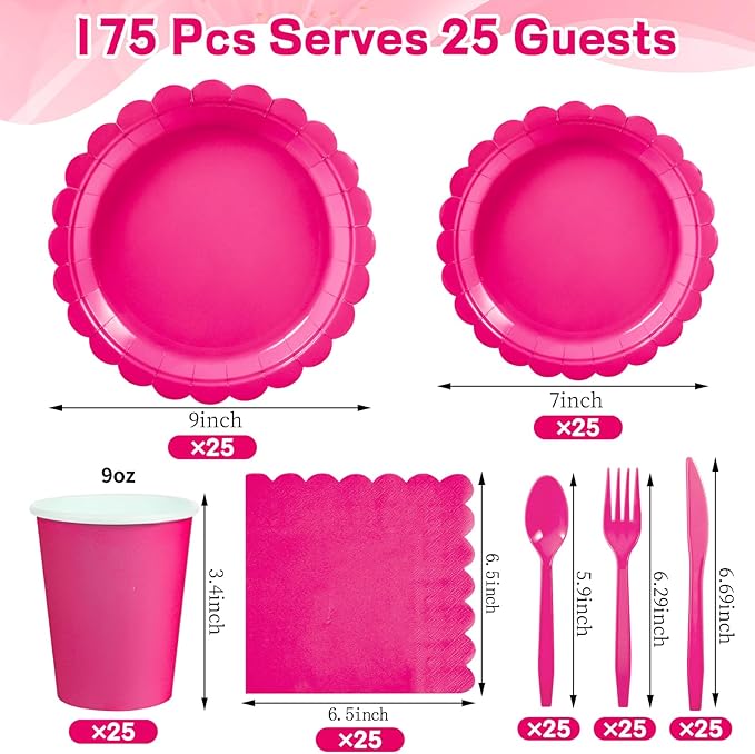 175 Pcs Hot Pink Paper Plates and Napkins, 25 Guest Hot Pink Supplies Include Scalloped Party Plates Napkins Cups Plastic Cutlery Set for Birthday, Bridal Shower