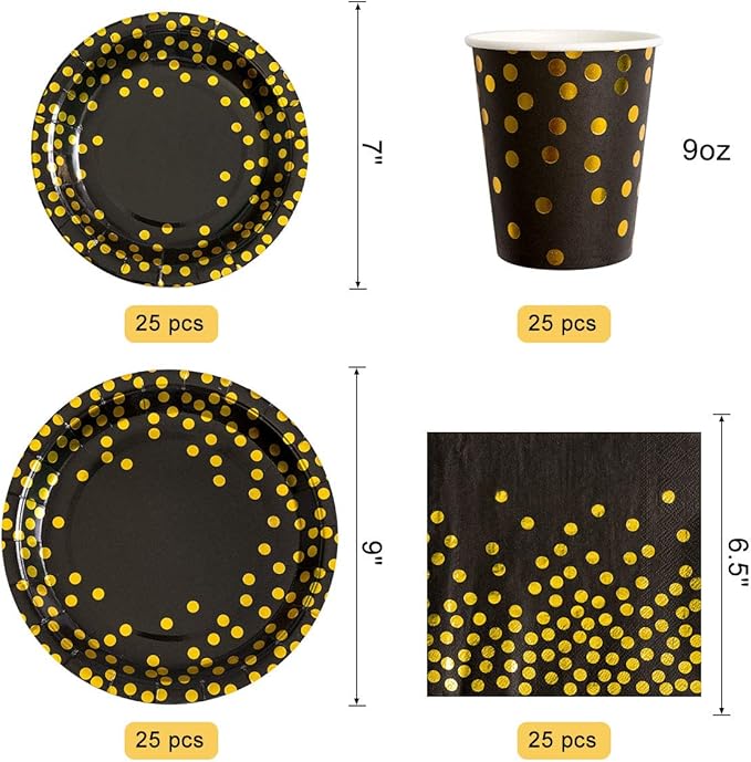 HOMIX Black and Gold Party Supplies 175 Pieces Disposable Black Paper Plates Napkins Cups, Gold Plastic Forks Knives Spoons for Graduation, Birthday, Cocktail Party Serves 25