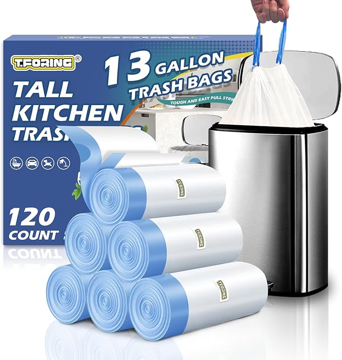 13 Gallon Trash Bags Drawstring 120 Count, 1.7 Mil Thick White Garbage Bags, Easy-Dispense Roll for Kitchen & Household Use, Resists Tears, Leaks and Punctures