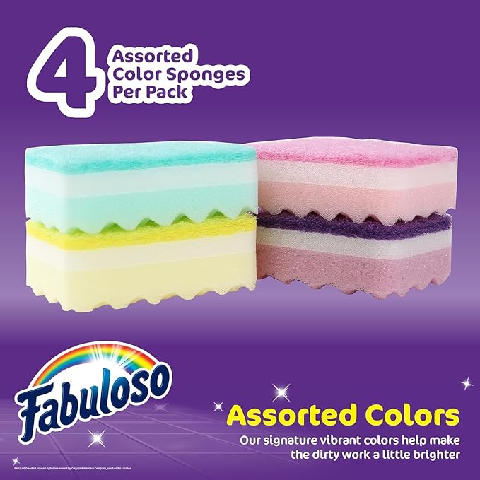 Fabuloso Scratch-Free Kitchen Dish Sponges, Rainbow Cellulose Scrubber Sponge with Scouring Pad for Dishes, Pots, Pans, Counters and Sinks, Tough on Messes, 4.25 x 2.75 x 1.25 in, 4 Count - 2 Pack