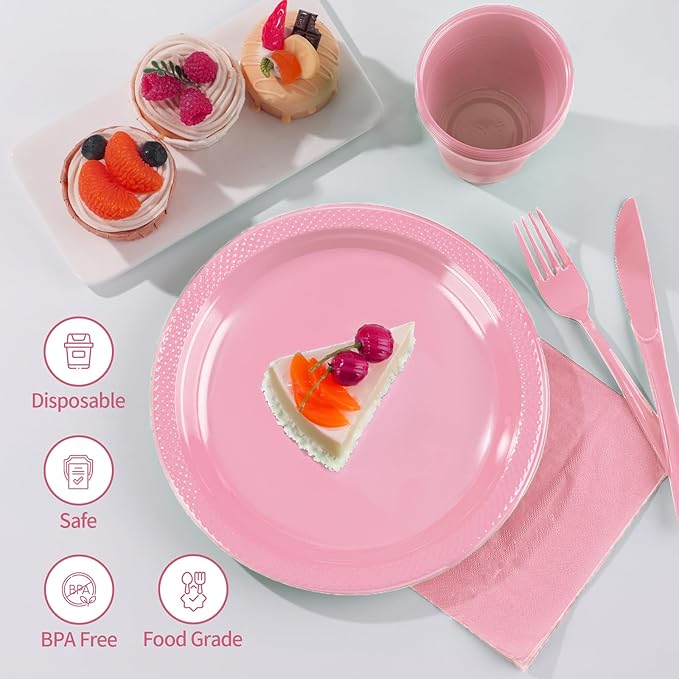 Pink Plastic Plates, 25 Guest Pink Party Supplies Set, Pink Disposable Dinnerware Set, Including Plastic Plates, 12 oz Cups, plastic Cutlery and Paper Napkins for Mothers Day Party Wedding Birthday