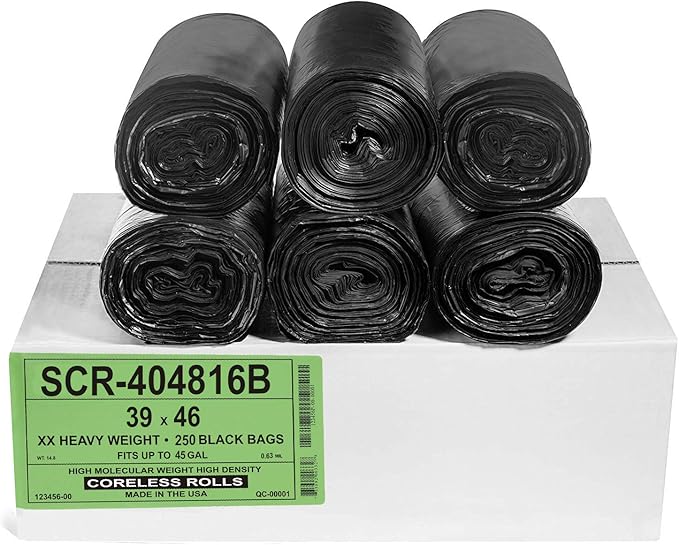 Aluf Plastics 45 Gallon 16 Micron (eq) Black Trash Bags - 39" x 46" for Home, Office, & Bathroom (Pack of 250)
