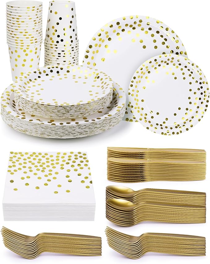 224 Pieces Party Supplies, White and Gold Dots Wedding Party Plates Cups and Napkins Sets with Plastic Knives forks spoons, Disposable Tableware Serves 32 Sets for Birthday, Graduation, Festivals
