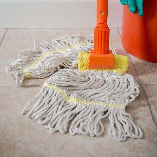 SPARTA Flo-Pac Cotton Mop Head, Loop-Ended, Wide Band with 5" Yellow Band for Organized Cleaning, Small, White, (Pack of 12)