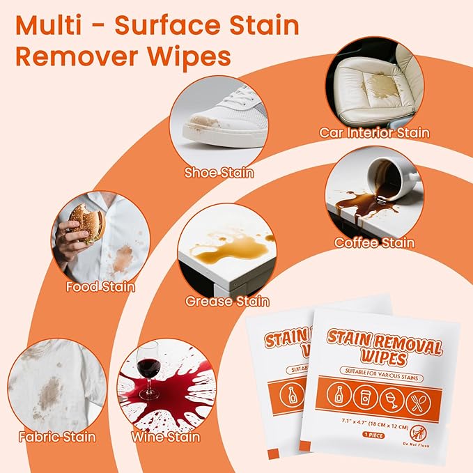 Stain Remover Wet Wipes Bulk, Individual Wrapped Clothes Portable Travel Messy Eater Cleaning Laundry Stain Removal Wipes Pocket Size for Clothing Fabric/Shoes/Wine/Fast Food 7.1 x 4.7 Inch (White 50)