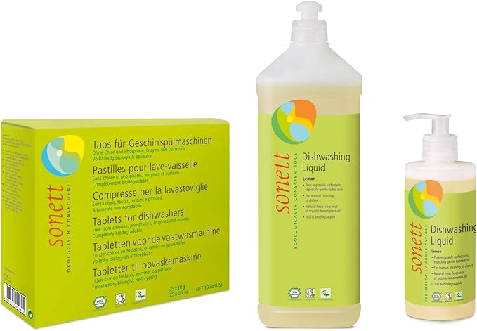 Sonett Organic Lemon Dishwashing Liquid Soap (34 and 10 fl oz) and Dishwasher Tablets (17 fl oz) Set of 3