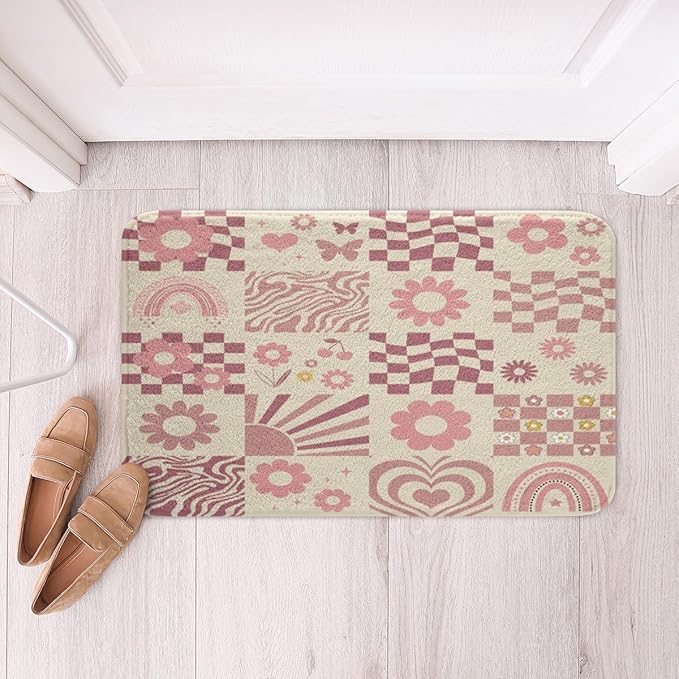 Cartoon Daisy Flowers Kids Bath Mats,Geometric Plaid Checkerboard Patchwork Mats Rugs for Girls,Rainbow Stripe Abstract Bath Carpets,Pink Chic Bath Rugs,Absorbent Floor Mats,16Wx24L Inches