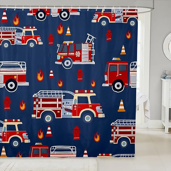 Feelyou Cartoon Car Shower Curtain for Girls Boys Kids Fire Truck Bathroom Shower Curtain Setative Firefighter Bath Curtain Firemen Car Vehicle Navy Blue Red Kids Bathroom Accessories 72"x72"