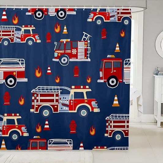 Feelyou Cartoon Car Shower Curtain for Girls Boys Kids Fire Truck Bathroom Shower Curtain Setative Firefighter Bath Curtain Firemen Car Vehicle Navy Blue Red Kids Bathroom Accessories 72"x84"