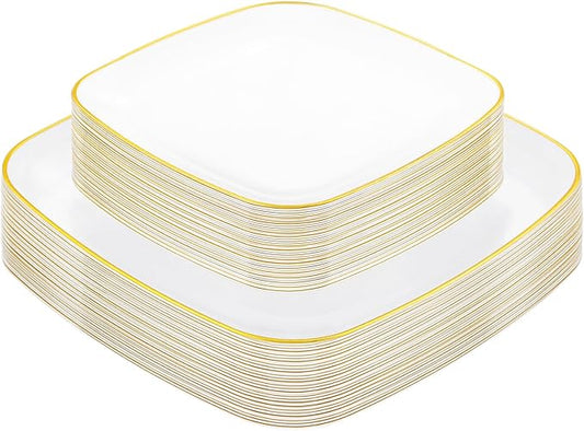 bUCLA 50PCS White and Gold Plastic Plates Disposable - Square Gold Heavy Duty - Include 25 Each (Dinner & Dessert) Plates for Party & Wedding