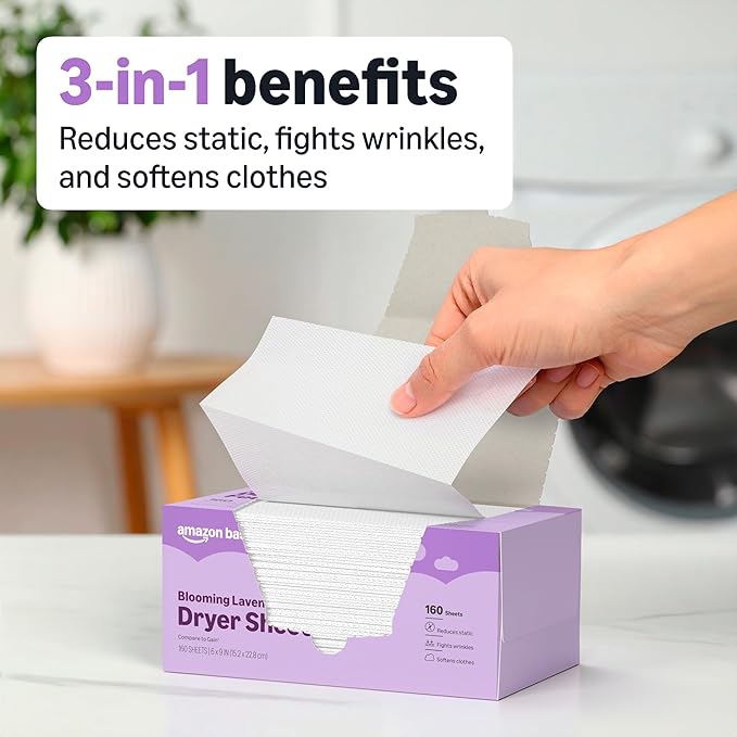 Amazon Basics Dryer Sheets Laundry Fabric Softener, Blooming Lavender, Reduces Static Cling, Fights Wrinkles, 160 Count