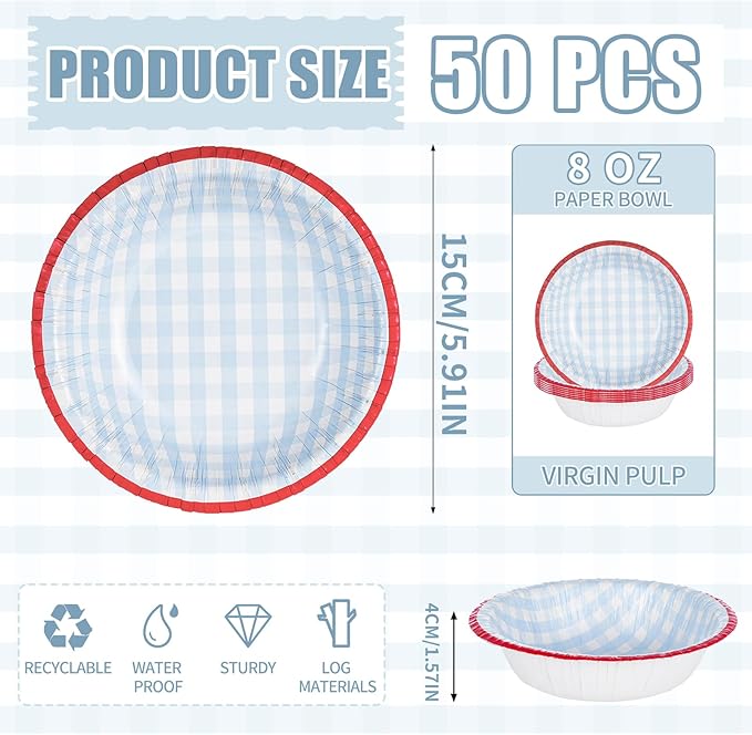 50 Pack 8oz Disposable Paper Bowls, 6 Inch Blue Gingham Pattern with Red Rim, Heavy Duty Disposable Bowls for Picnic BBQ Party Salad Ice Cream Soup (Blue Check Pattern, 50 Pack 8 Oz)