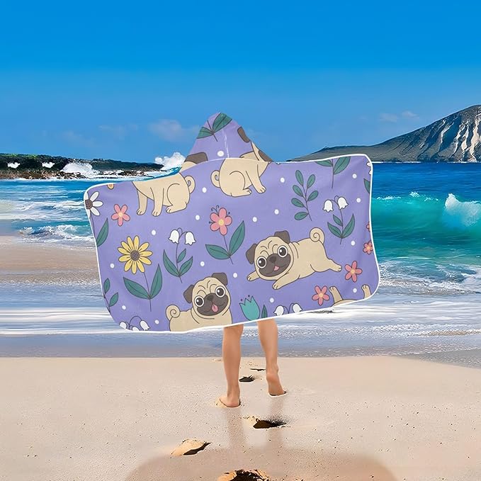 SUABO Kids' Bath Towels Pugs and Flowers Hooded Towels for Boys Girls,Toddler Towels Multi-Purpose for Beach,Pool and Bathroom,23.5" x 50", Soft and Highly Absorbent