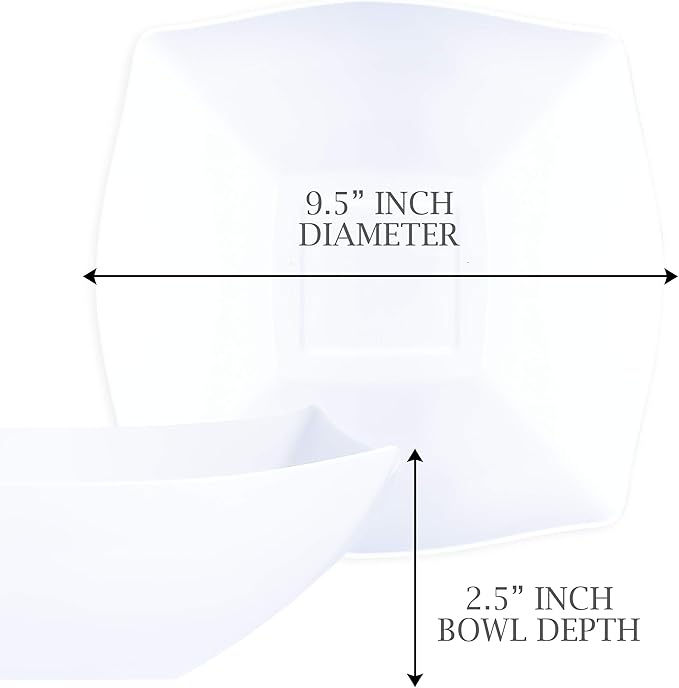 PLASTICPRO Disposable 64 ounce Square Serving Bowls, Party Snack or Salad Bowl, Large Plastic Elegant White Pack of 4