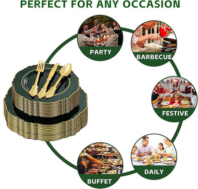 Liacere 350PCS Green Plastic Plates - Dark Green Disposable Plates With Gold Rim - 50Guest Baroque Plastic Dinnerware include 100Plates-50Pcs Pre Rolled Napkins with Silverware 50Cups for Party