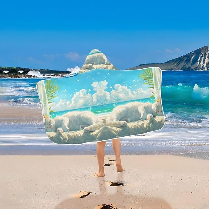 Hooded Towel for Kids Cute White Cat Lying and Basking Beach Wrap Bath Towels 50x23.5in