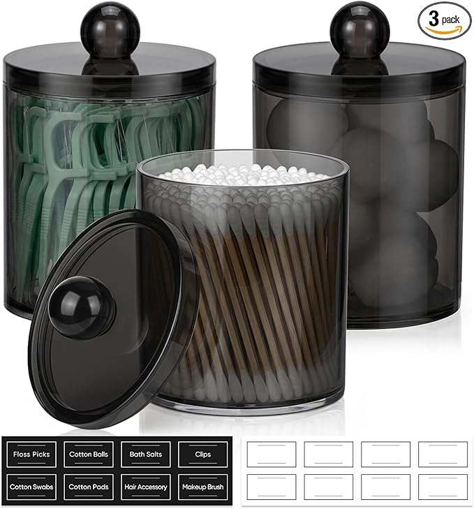 3 Pack Acrylic Qtip Holder Dispenser for Cotton Swabs, Balls, Pads, Floss Picks- Clear Plastic Canister Apothecary Jar Set, Bathroom Essentials Accessories Decor Vanity Makeup Storage Organizer -Black