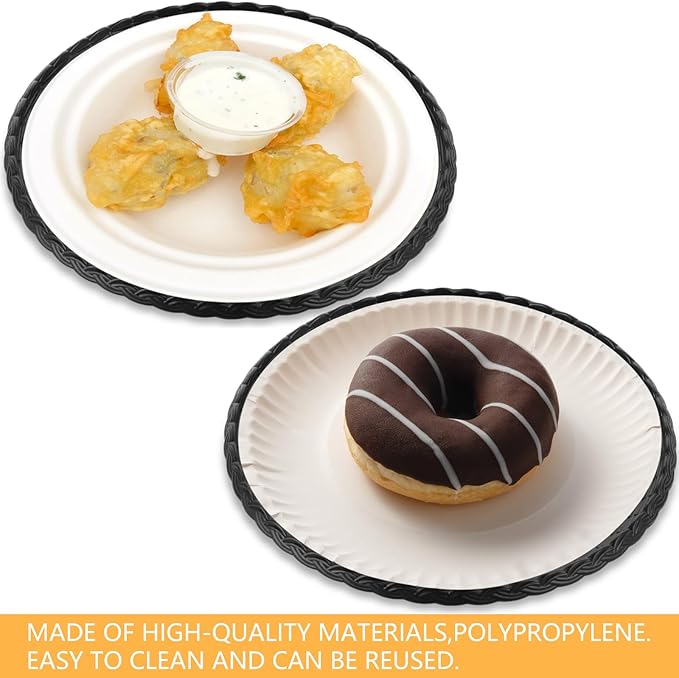 MIDELONG Reusable Plastic Paper Plate Holders, 9 Inch Round Paper Plate Holders Woven Paper Plate Holder Black Plastic Heavy Duty Supports for Party BBQ Picnic Supplies, Pack of 4