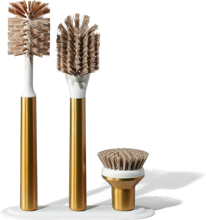 Curio Home Goods Ionic Brush Set, Magnetized to Stand Upright, Stainless Steel with Replaceable Heads, Brass/Gold