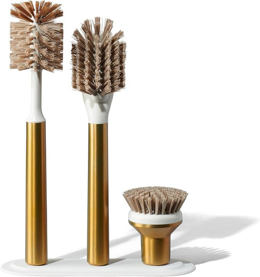 Curio Home Goods Ionic Brush Set, Magnetized to Stand Upright, Stainless Steel with Replaceable Heads, Brass/Gold