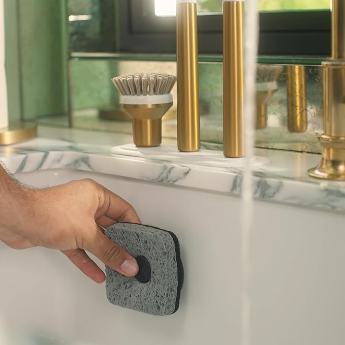 Curio Home Goods Ionic Non-Scratch Kitchen Sponge with Magnetized Holder, Dual Sided Cellulose and Scrub Pad, 12 Pack, Black/Grey