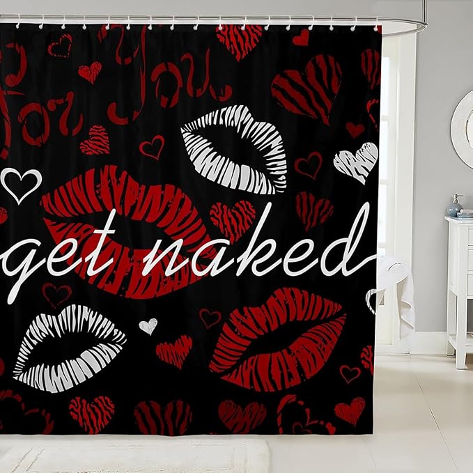 Sexy Lips Bath Curtain Funny Get Naked Shower Curtain for Couple Lover Kiss Shower Curtain Set with Hooks White Red Woman Mouth Pattern Waterproof Cloth Fabric Bathroom Decor Room Decor 72x84 Inch