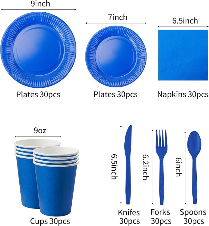 210pcs Blue Plates And Napkins Party Supplies -Plastic Silverware, Paper Cups And Plates.Napkinsdisposable Party Cutlery Set Serves 30