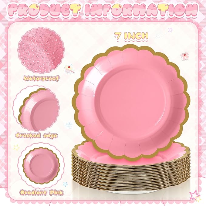 48 Pcs Valentine's Day Pink Paper Plates 7 Inch Gradient Pink Scalloped Disposable Dessert Plate for Women Coquette Bridal Wedding Birthday Galentine's Baby Shower Party Supplies