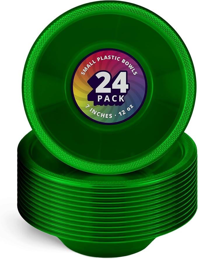DecorRack 24 Small Plastic Bowls, 7 inch Disposable 12 oz Serving Bowl, Fruit Snack, Popcorn, Soup, and Salad, Kids Birthday and Holiday Party Supplies, Green (Pack of 24)