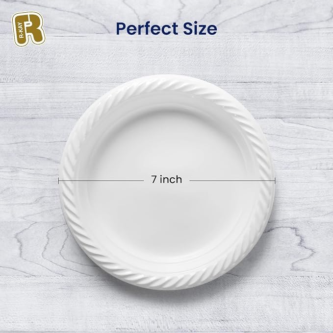 R-kay 100 Pack 7 Inch Plastic Plates Disposable - Heavy Duty White Disposable Plates - Microwavable Disposable Plastic Plates (100, 7 Inch)