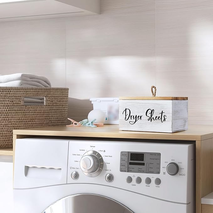 Dryer Sheet Holder, White Washed Wood Laundry Sheets Container, Laundry Room Organization and Storage for Farmhouse Laundry Room Decor and Accessories, Fabric Sheet Holder