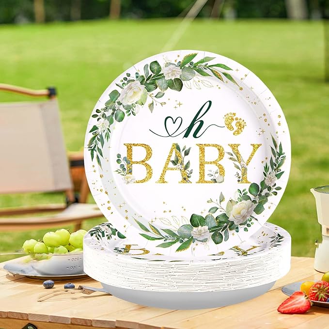 50Pcs Sage Green Baby Shower Round Plates 10'' Large Heavy Duty Disposable Green Eucalyptus Leaves Paper Plates Greenery Neutral Dessert Platters for Boys Girls Birthday Party Supplies Table Decor