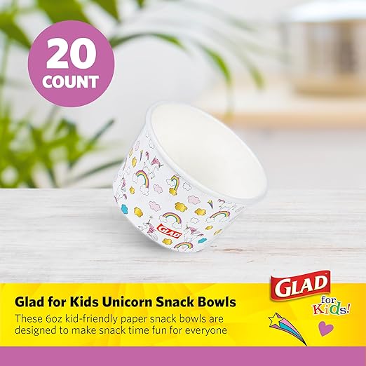 Glad for Kids Unicorn Paper Mini Snack Bowls, Lids Not Included - Heavy Duty Disposable Snack Cups with Unicorn Print, No Lids Included, 6 Ounce, 20 Count