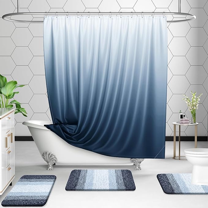 OLANLY Bathroom Rugs Sets 3 Piece, Soft Absorbent Microfiber Bath Mats and U-Shaped Contour Toilet Rug, Plush Shaggy Bath Mat Set for Bathroom (47"x20"+24"x16"+24"x20", Dark Blue)