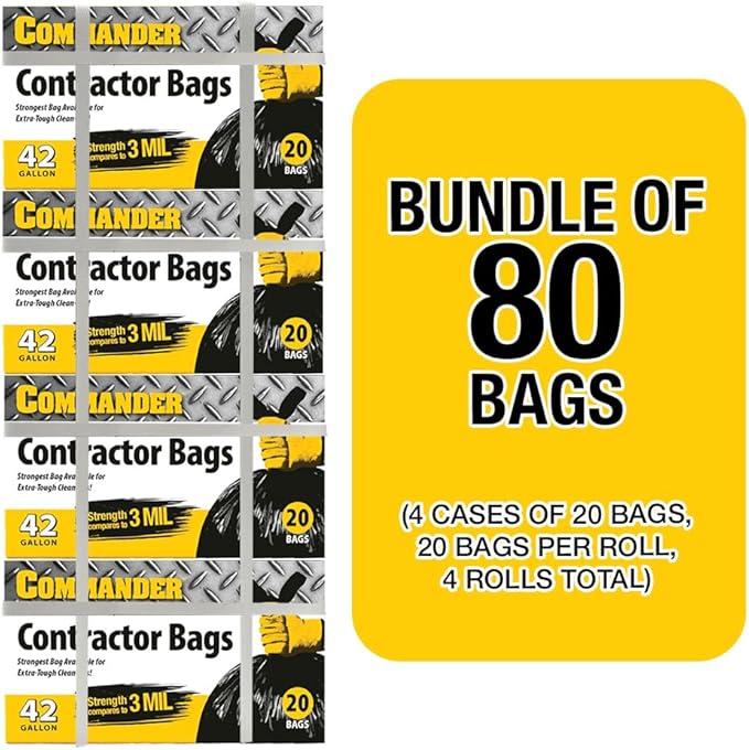 Commander 42 Gallon 3 MIL (eq) Heavy Duty Contractor Bags with Flap Ties - 32" x 46" - Pack of 80 - For Contractor, Industrial, & Outdoor