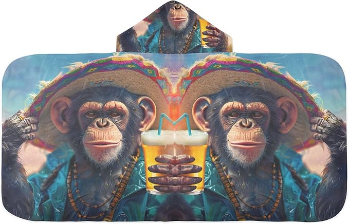 Hooded Towel for Kids Happy Monkey Drinks Beach Wrap Bath Towels 50x23.5in