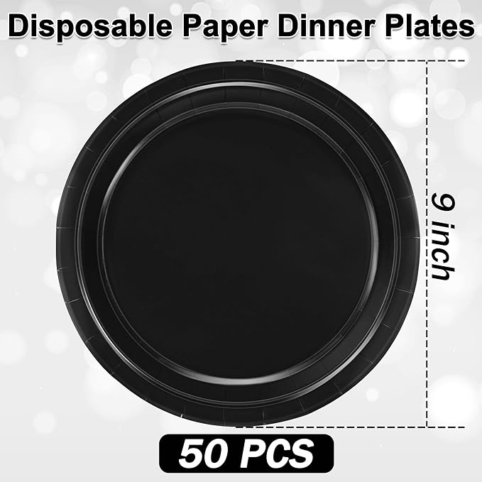 50 Pieces of Paper Plates, Round Black Party Plates Pack, Disposable 9 Inches Paper Dinner Plates, Everyday Use Plates for Daily Meals Picnic Camping Birthday Christmas Thanksgiving Supplies