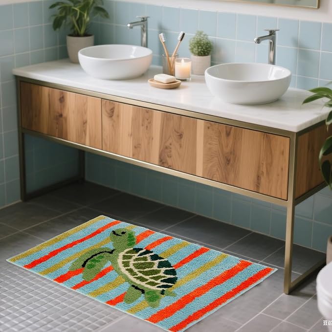 Beach Turtle Bathroom Mat, Blue Sea Life Tufted Bath mat Non Slip, Machine Washable Cute Kids Bathtub mat Bathroom Bedroom Decoration 31.5x19.7 inches (Turtle)