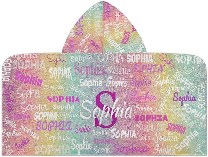 Custom Kids Hooded Beach Towel with Name, Swimsuit Cover-up Wrap Travel Holiday Bath Towel with Snaps, One Size, Colorful Rainbow Glitters Effect Name Ranked Print