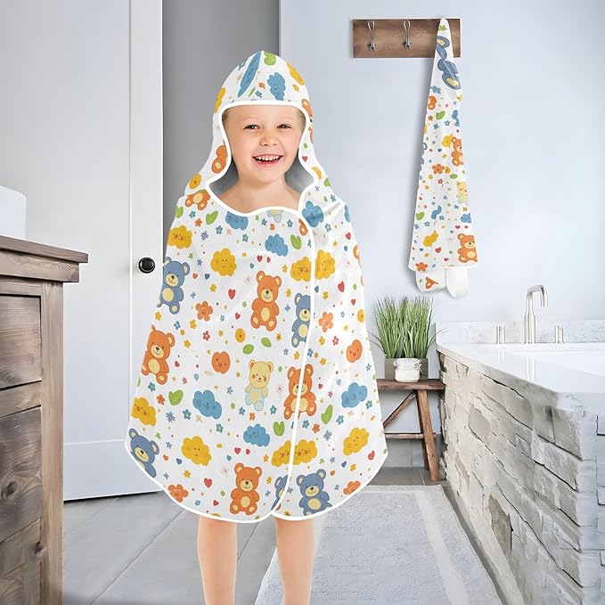 Kids Beach Towel Cartoon Bear Colorful Cute Hooded Beach Bath Towel Absorbent Kids Bath Towels with Hood