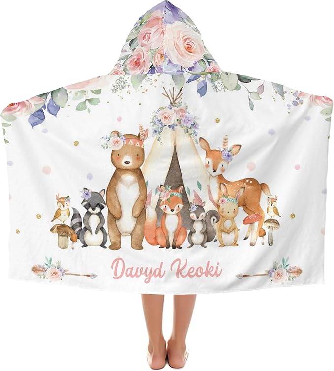 Animals Safari Floral Personalized Kids Hooded Towel with Name Soft Absorbent Beach Pool Bath Towels Hood Poncho for Boys Girls