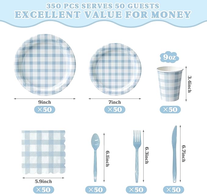 Vyntra 350 Pcs Blue Gingham Paper Plates and Napkins Set for 50, 9" Dinner Plates & 7" Dessert Plate, Baby Boy Shower Birthday Party