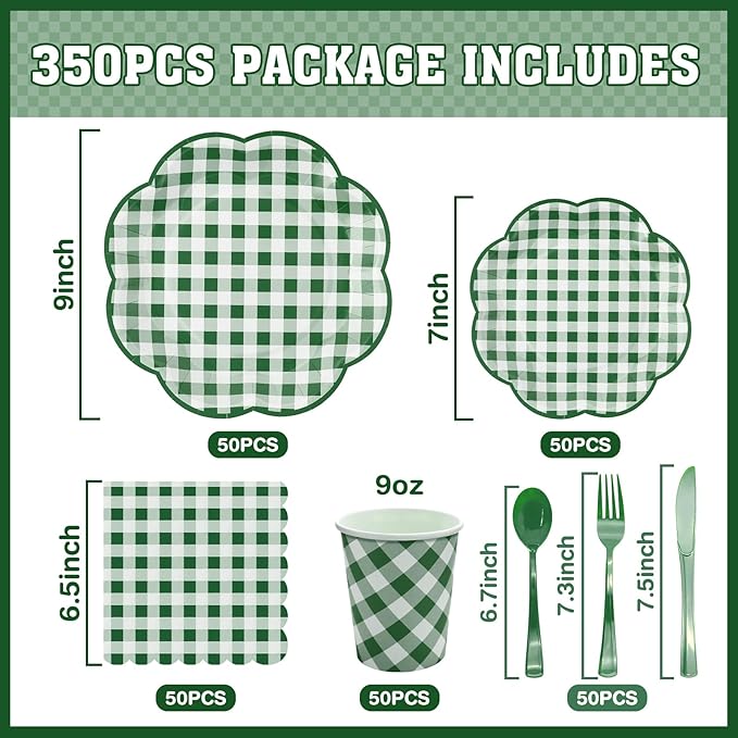 350 Pcs Green Gingham Plates and Napkins Party Supplies - Green and White Checkered Plates Sets Serve 50 Guests - Scalloped Gingham Paper Plate for Picnic BBQ Golf Party Decorations