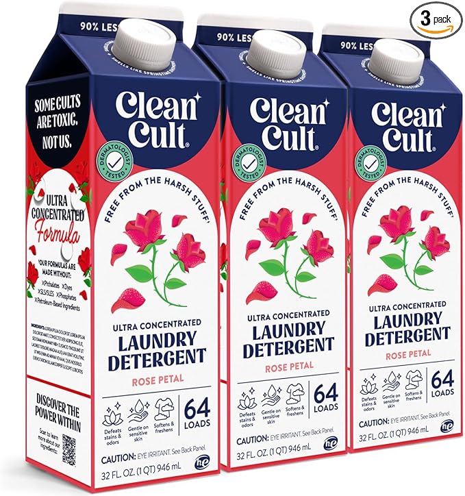 Cleancult Ultra Concentrated Liquid Laundry Detergent, 192 loads (96 oz), Long Lasting Scent, 90% Less Plastic, No Harsh Chemicals, Rose Petal, Defeats Stains & Odors, HE/Standard Compatible