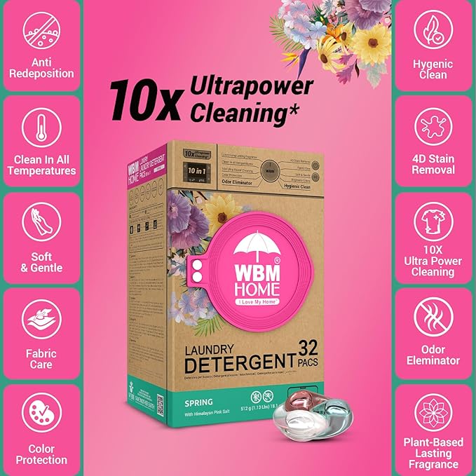 WBM Home Laundry Detergent Pods, Spring Fragrance Scent, 32 Count - HE Concentrated Laundry Pods with 10x Ultra Power Cleaning and 4D Laundry Stain Remover