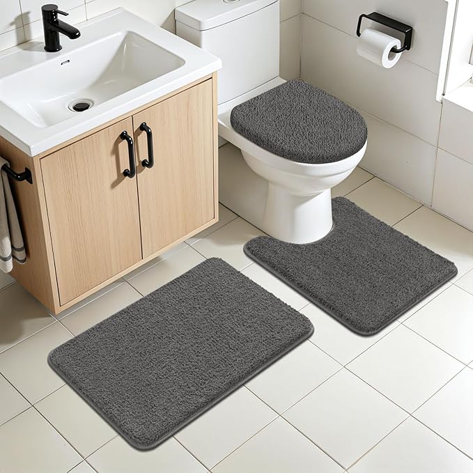 SHACOS Microfiber Bathroom Rugs Set 5 Pieces with Toilet Lid Cover Ultra Soft Absorbent Bath Mat U Shape Contour Rug for Bathroom, Non Slip Machine Washable Bath Runner Rugs for Bedroom, Kitchen, Grey